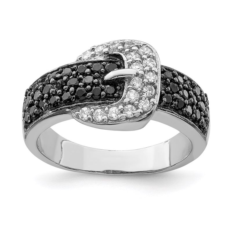 Kazi Luxury Sterling Silver Rhodium Black And Clear Cz Buckle Ring